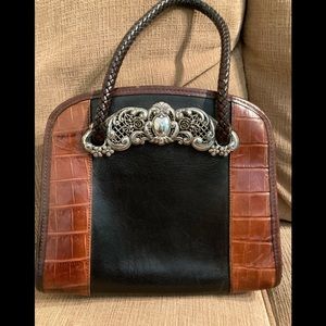 Brighton brown and black leather satchel with silver accents.